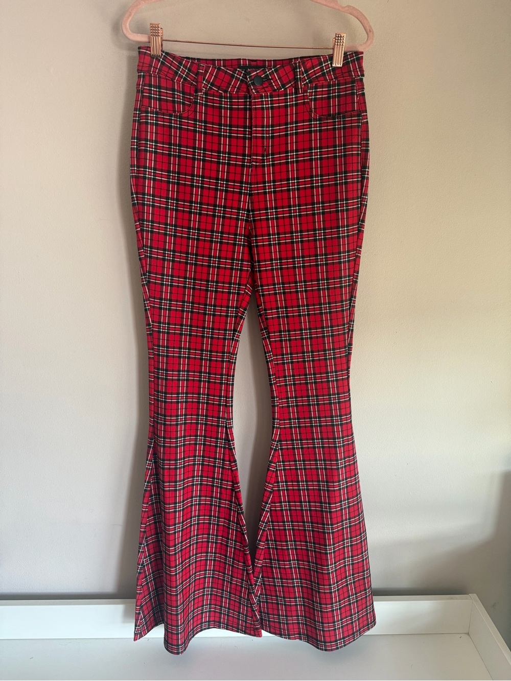 Labijou Red Plaid Flare Pants High Waisted Tartan Bell Bottoms Large